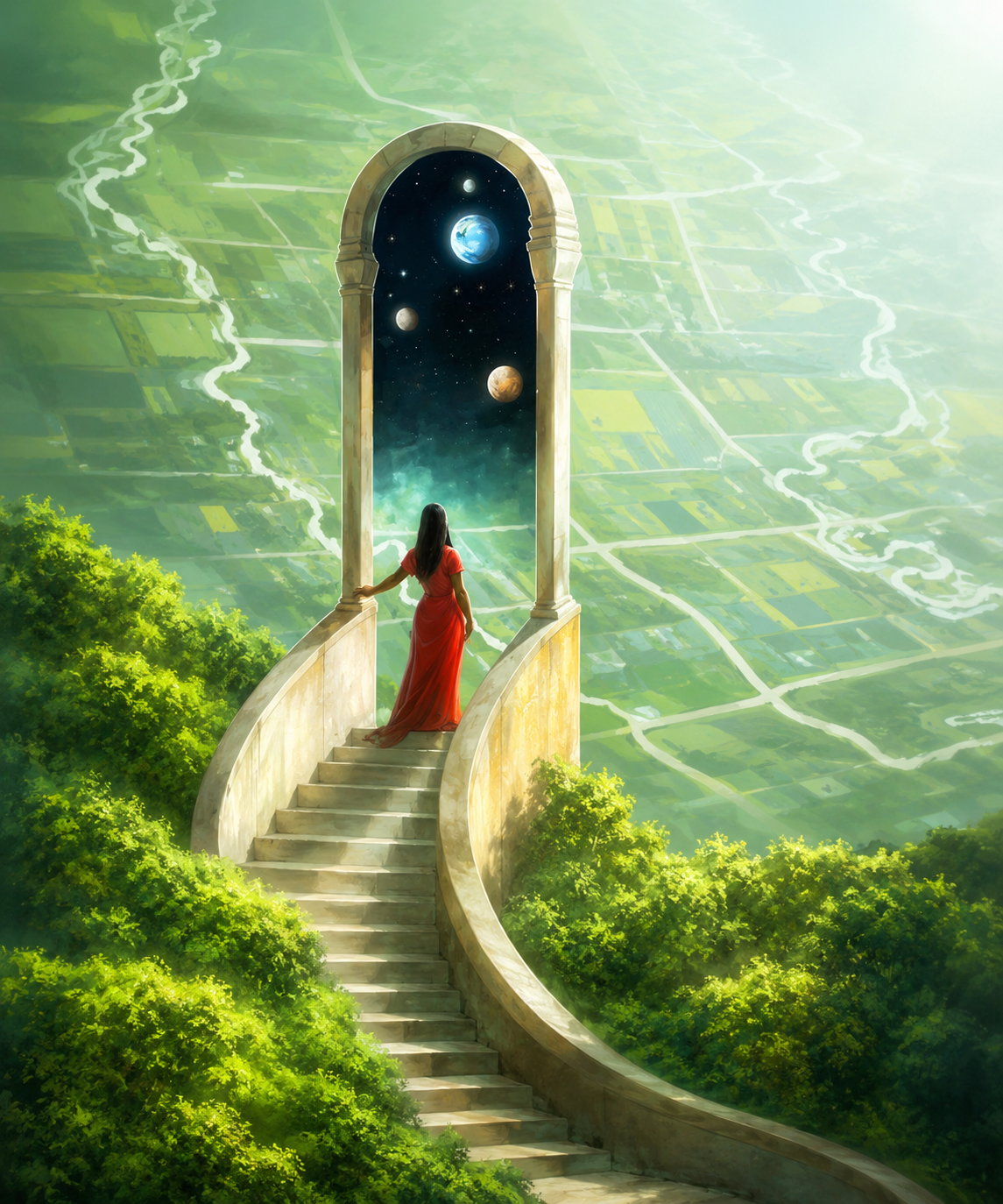 Frau auf einer Treppe vor einem Portal ins Universum